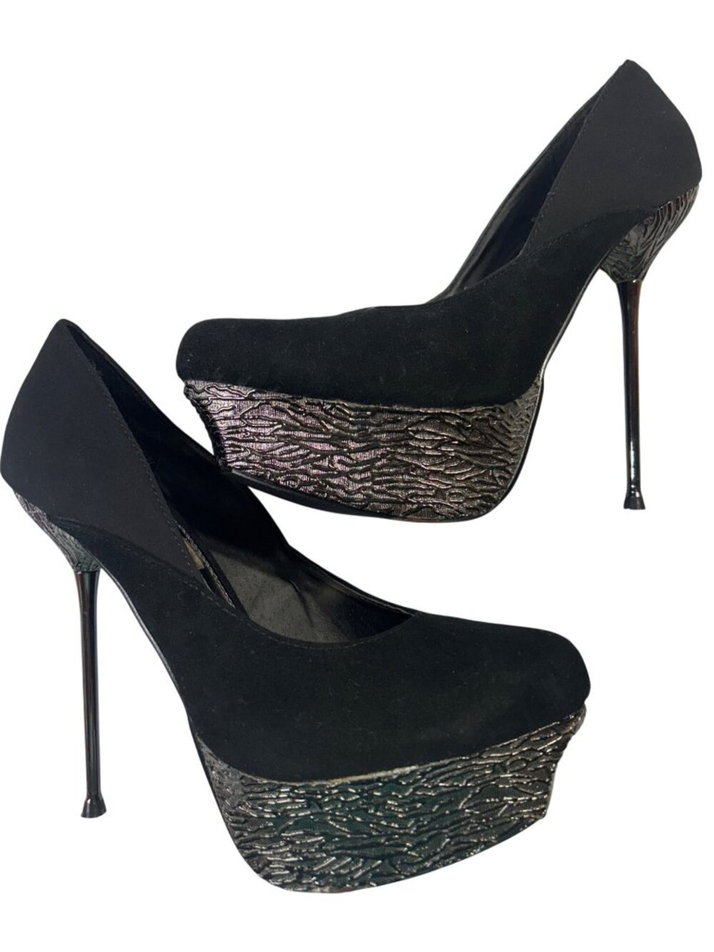 Two Lips Womens Size 6.5 Black Platform Stiletto Heels With Textured Metallic - Picture 5 of 16